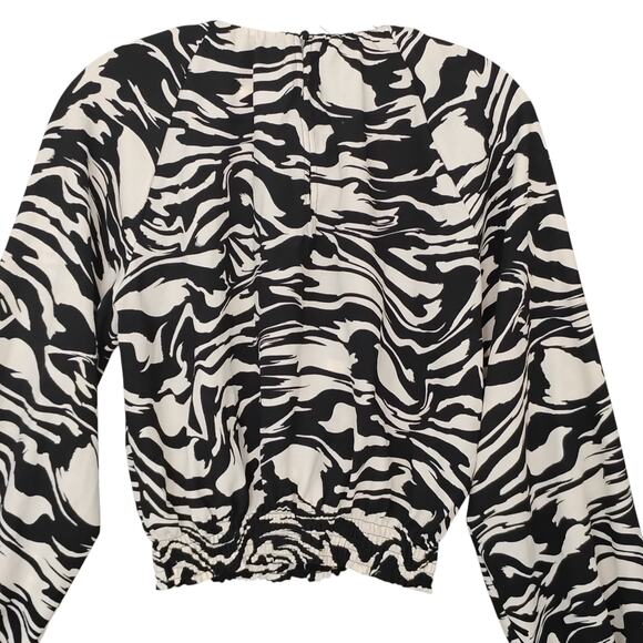 H&M Animal Print Blouse Size XS Black & Beige Balloon Long Sleeve Elastic Waist - Picture 3 of 9